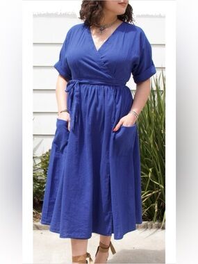 Curator Ansilee Wrap Midi Dress in Iris royal blue cobalt XL 100% cotton belt